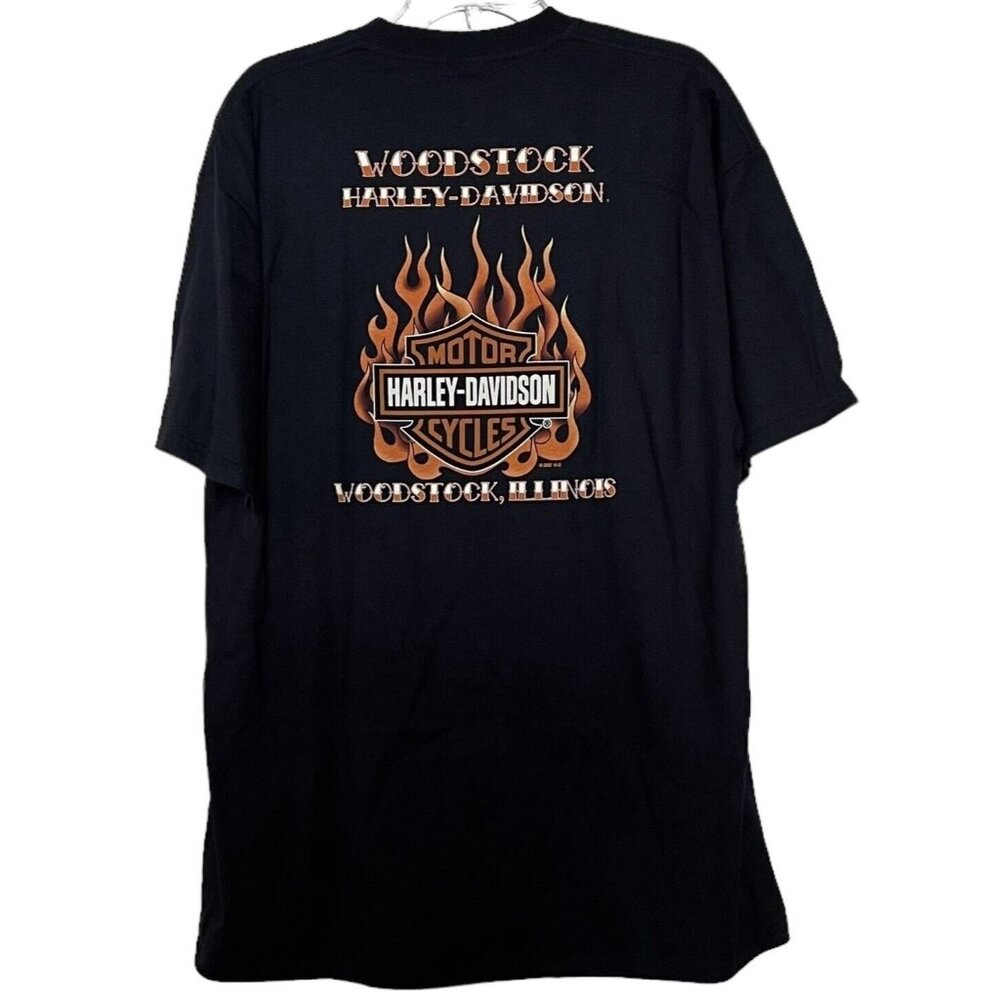Harley Davidson T Shirt Mens Size XL Black Woodstock IL Flames Short‎ Sleeve